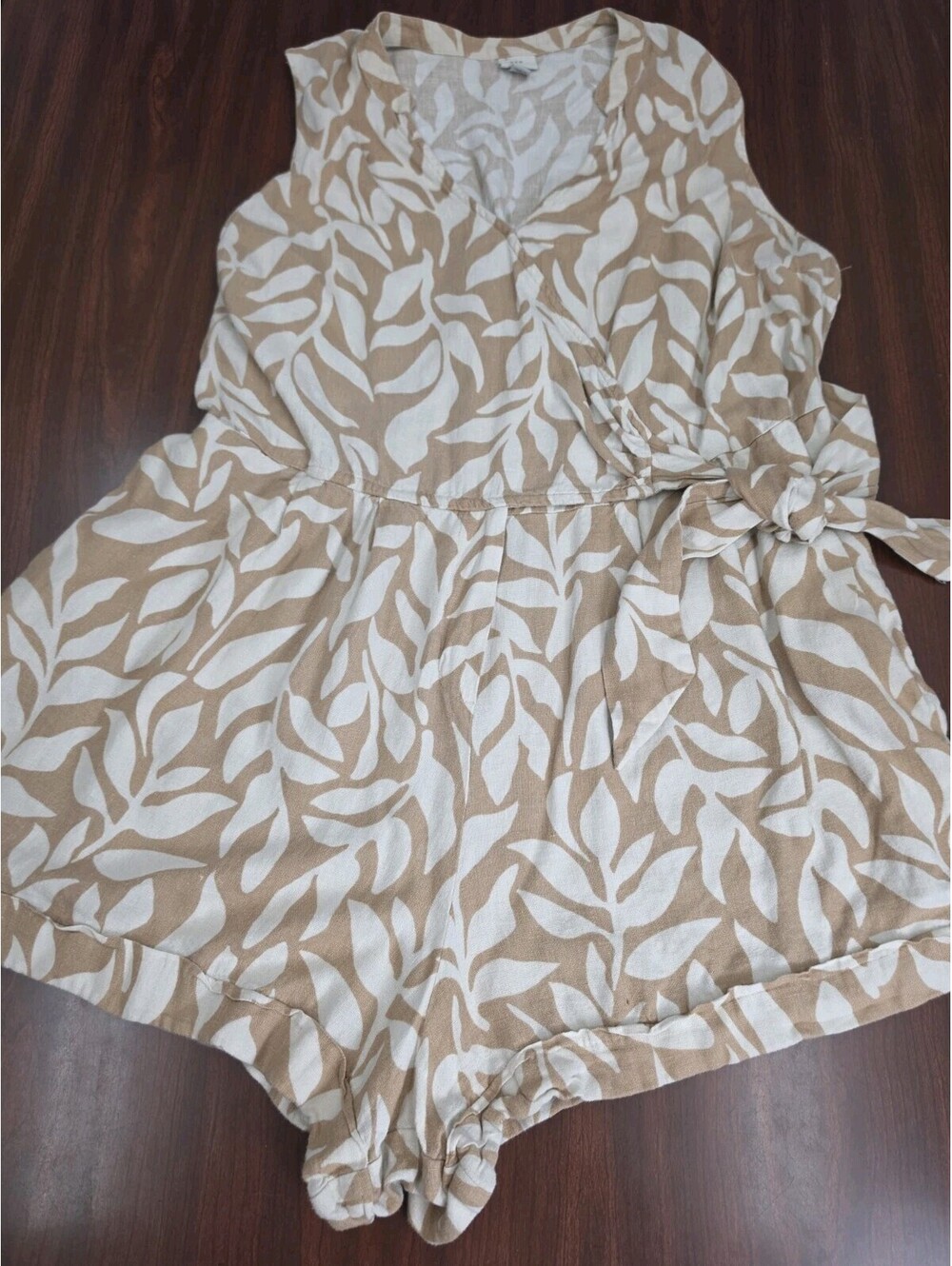 A New Day Tan White Leaf Print Linen Blend Wrap Romper Size XXL Neutral Prep